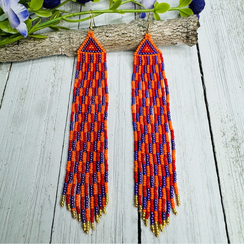 Purple Red Orange Long Seed Beaded Earrings Hand Beaded Fringe Tassel Colorful